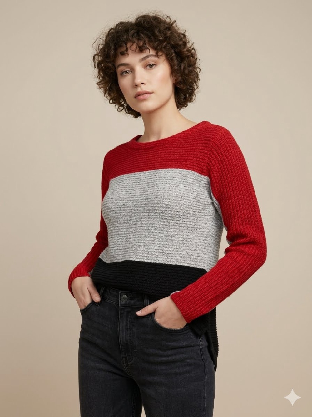 Trouvé Color Block Red Grey Black High Low Scoop Hem Sweater